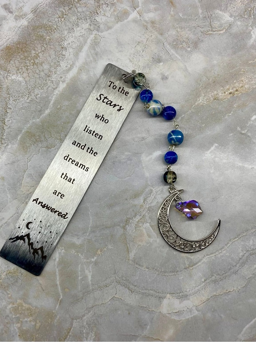 Hand Crafted Silver Bookmark with Blue Beads and Purple Crystal Moon Charm